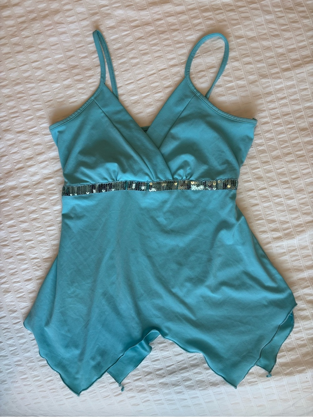 Turquoise Top with Sequin Waist and Tie-back